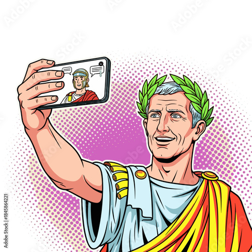 Julius Caesar making video call on smartphone, pop art flat vector illustration