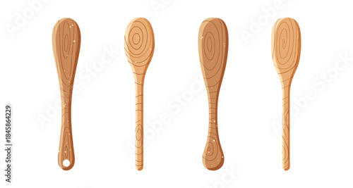 Set of four cartoon wooden kitchen utensils with visible wood grain texture