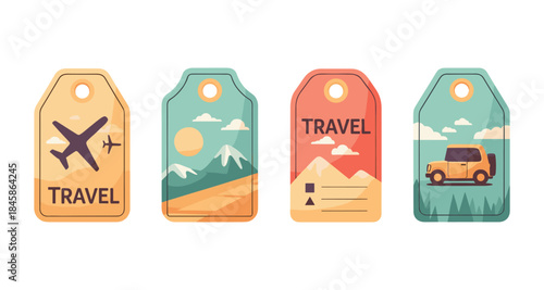 Collection of four travel-themed tags with airplane, mountains, and car illustrations