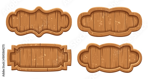 Collection of four decorative wooden signs with unique shapes and textures