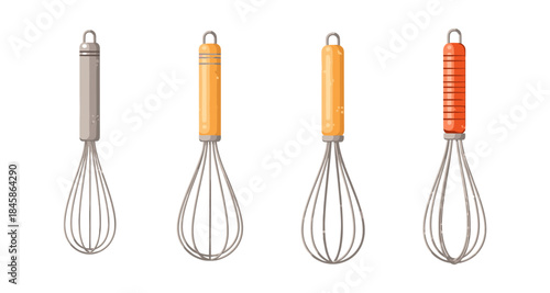 Collection of four different whisks with varied handle designs and colors on a white background