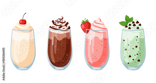 Four delicious and colorful milkshakes with whipped cream and toppings