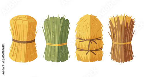 Collection of four different bundles of hay and straw tied with ropes