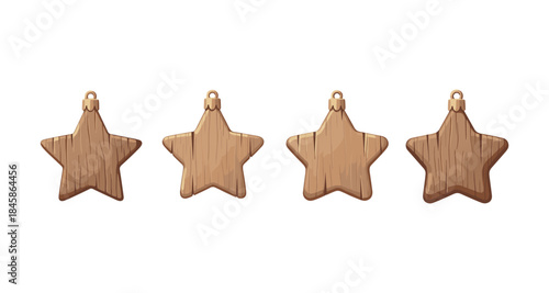 Four wooden star ornaments with a rustic texture and hanging loop