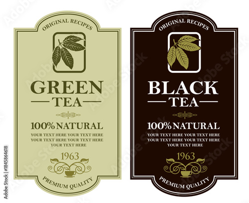 collection of green and black tea labels with leaves and cup