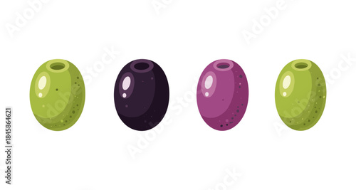 Assortment of green, black, and purple olives in a simple cartoon illustration