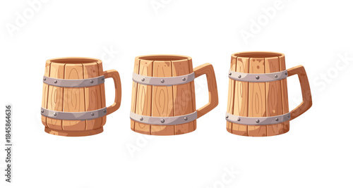 Three rustic wooden beer mugs with metal bands, isolated on white background