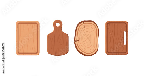 Collection of four distinct wooden cutting boards with varied shapes and wood grain patterns