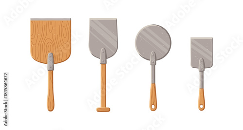 Collection of four pizza peels with wooden handles and metal heads