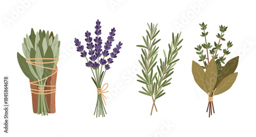 Collection of four bunches of fresh herbs and flowers tied with twine