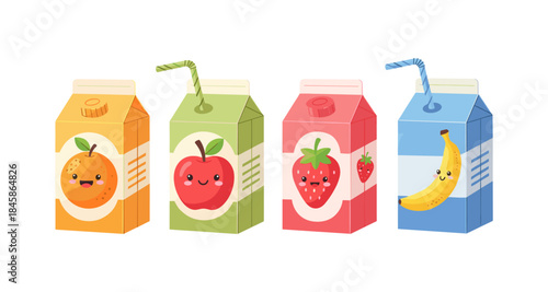 Cute cartoon fruit juice boxes with happy faces and straws