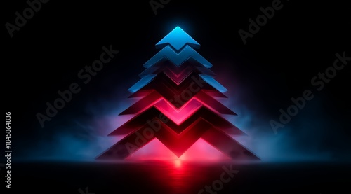 Christmas tree made of arrows is lit up in the dark. The tree is made of blue and red arrows