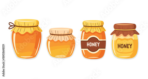 Four cartoon jars filled with golden honey and sealed with decorative lids