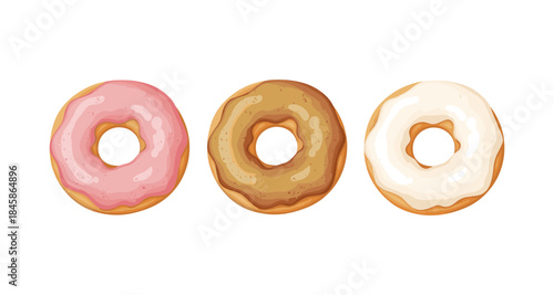 Three delicious donuts with pink, brown, and white icing on a white background