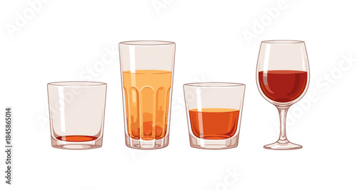 Collection of four different glasses with various beverages and levels of liquid