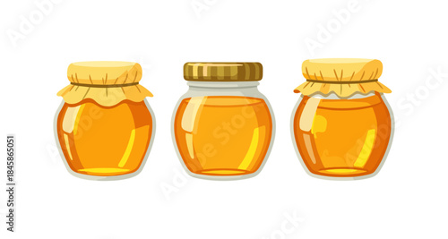 Three cartoon jars filled with golden honey and tied with yellow fabric