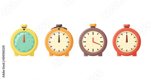 Collection of four colorful retro alarm clocks on a white background