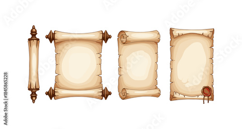 Collection of vintage parchment scrolls with wooden rollers and wax seal