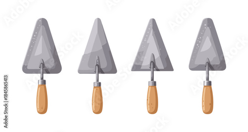 Four trowels with wooden handles arranged in a row on a white background