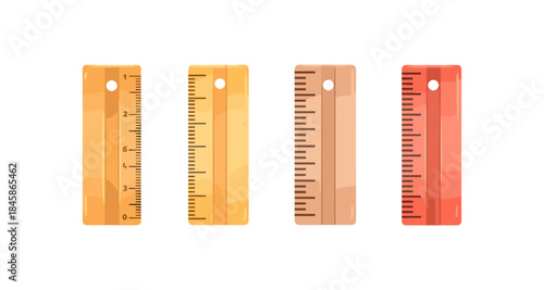 Four colorful rulers with measurement markings on a white background