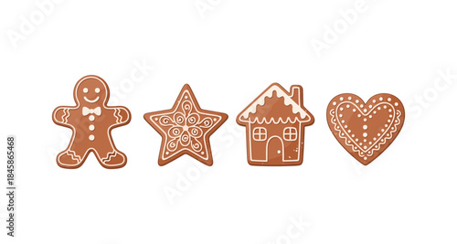 Four decorated gingerbread cookies in different shapes on a white background