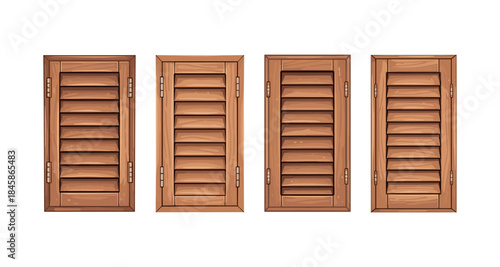 Collection of four wooden louvered shutters in different sizes and styles