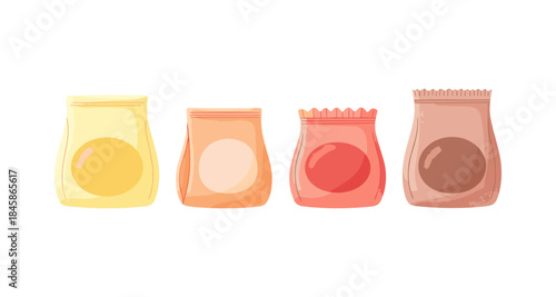 Four colorful cartoon snack bags with oval windows on a white background