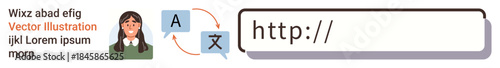 Language translation, communication, education, technology, internet services, globalization. a woman, a speech bubble translation icon and a URL. Translation and communication concept