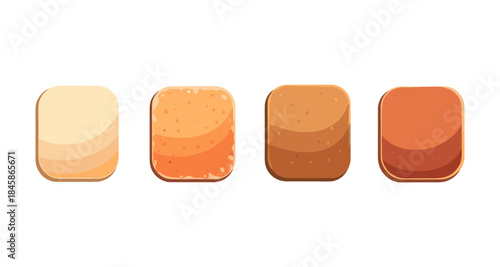 Four cartoonish square icons representing different stages of toasted bread