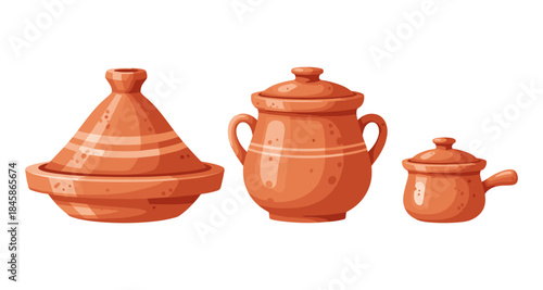Collection of three terracotta cooking pots and tagine on a white background