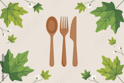 Eco-Friendly Wooden Cutlery with Green Leaf Border