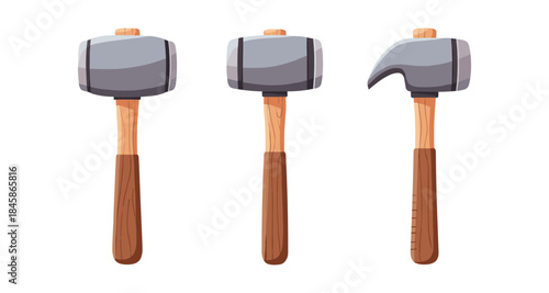 Set of three cartoon hammers with wooden handles and metal heads on a white background