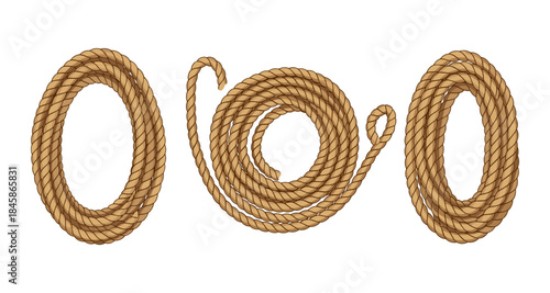 Three coiled ropes, one with a loop, on a white background