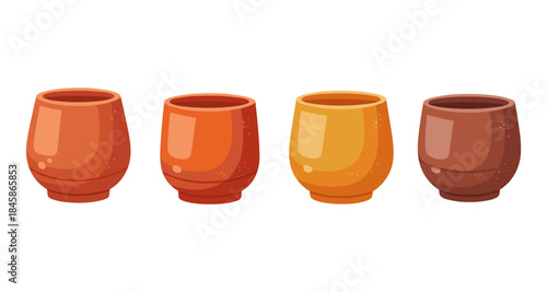 Collection of four rustic ceramic cups in warm earthy tones on a white background