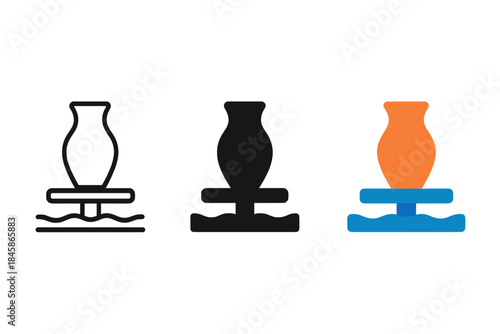 Spinning Wheel Icon. Minimalist icon of spinning wheel base with rising vessel silhouette in smooth rhythm, first in line style