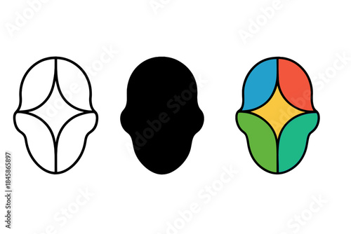 Abstract Head Forms. Abstract head shape expressed through intersecting eigen axes and symmetry fields, first in line style with
