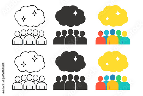 Dreamlike Thought Cloud. Crowd of faceless people sharing a glowing dreamlike thought cloud above their heads, surreal minimal