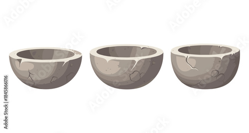 Three cracked stone bowls in a row, isolated on a white background