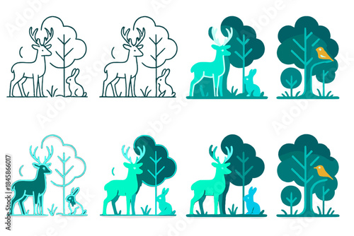Luminous Synthetic Forest. Artificial forest with luminous synthetic animals, surreal nature reserve illustration, minimal vector