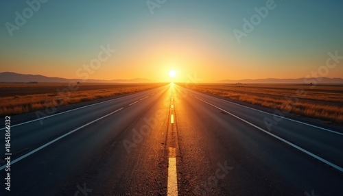 Empty highway leading to bright sun over horizon at dawn. Long asphalt road stretches toward sunrise, yellow grasslands border path. Scenic route for travel or business success.