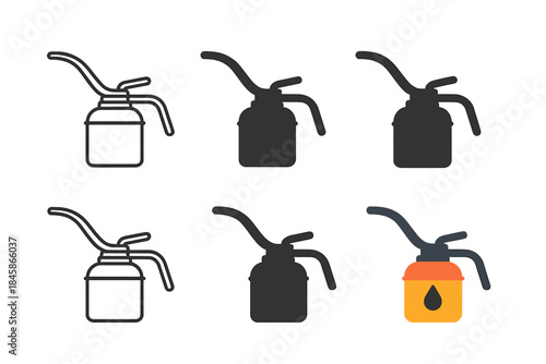Multistyle Oil Can Icons. Classic oil can with a long curved spout, minimal vector icon, first in line style with thin outline,