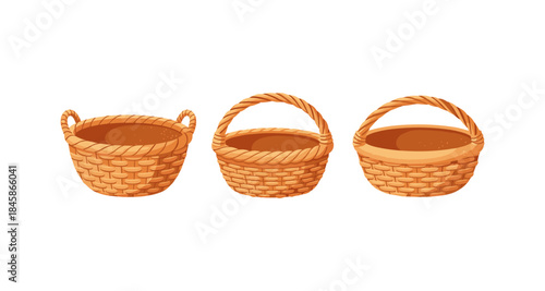 Three woven wicker baskets with handles on a white background