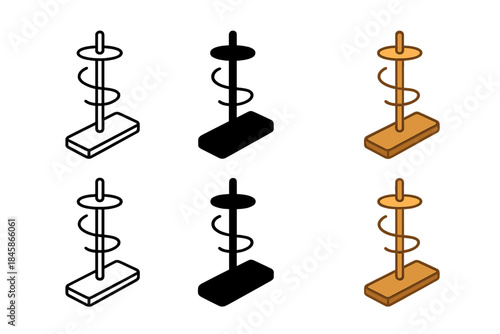 Wooden Fire Drill Icons. Wooden friction fire drill with spinning spindle and hearth board, minimal vector icon, first in line