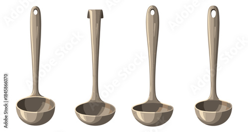 Collection of four different stainless steel ladles on a white background