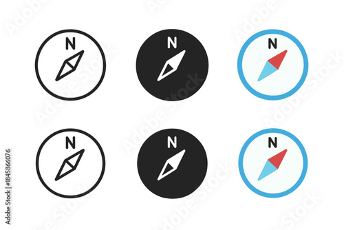 Minimal Compass Designs. Simple compass with needle pointing north, minimal vector icon, first in line style with thin outline,