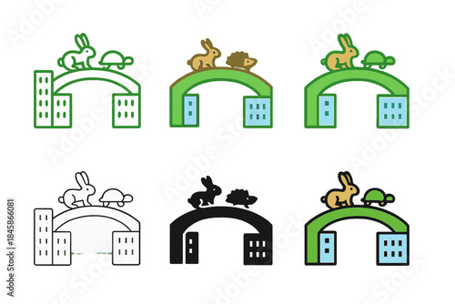 Colorful Overpass Icons. Green overpass connecting city blocks with small animals crossing, minimal vector icon, first in line
