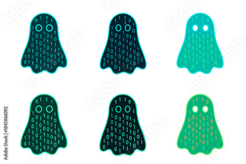 Neon Ghost Transformation. Ghost figure outlined with neon data streams, abstract minimalist vector illustration, first in line