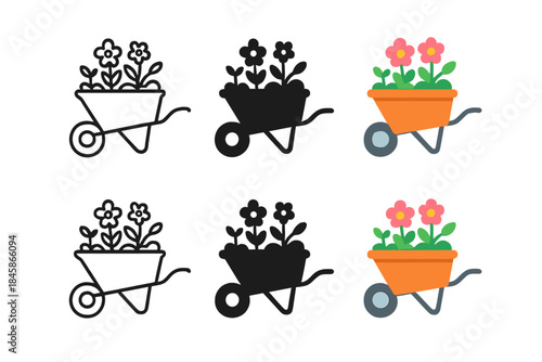 Colorful Floral Wheelbarrow. Wheelbarrow filled with blooming flowers and small plants, minimal vector icon, first in line style