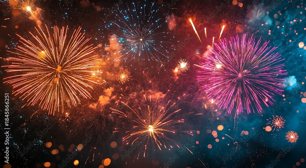 Fototapeta premium Fireworks bright festival lights sky high resolution picture