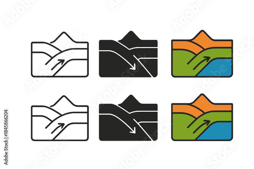 Tectonic Plate Dynamics. Cross-section showing tectonic plate collision and subduction zones, clean minimal vector icon, first in